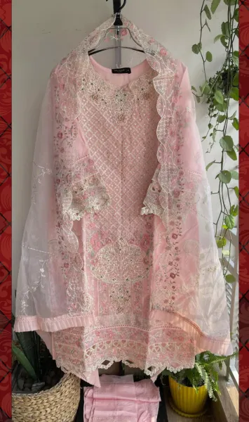 Pakistani Original Bin Saeed Luxury Organza Stitched 3 Pcs _ Pink 
